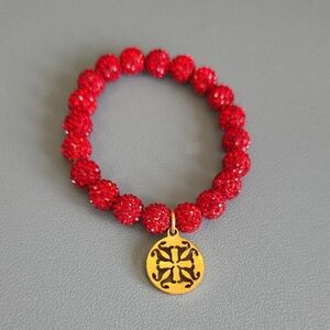 Rustic Cuff Red Crystal Bead Bracelet with Gold Medallion